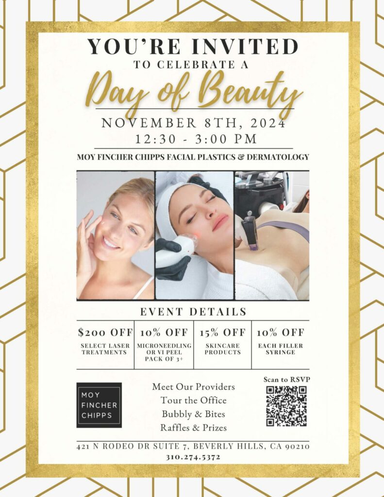 November 8th, 2024 12:30-3:00 pm, $200 off select laser treatments, 10% off microneedling or VI Peel pack of 3+, 15% off skincare products, 10% off each filler syringe